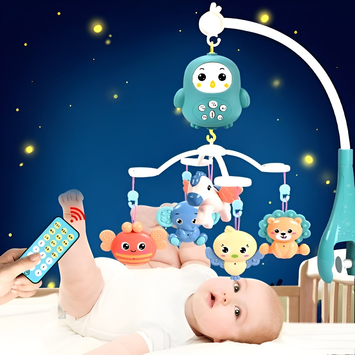 MÓVIL MUSICAL MULTICOLOR CUNA BEBÉ GIRATORIO COLGANTE LUZ SOPORTE JHN - 7