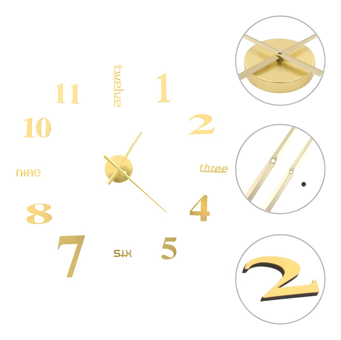 RELOJ PARED 3D GRANDE DECORACIÓN DORADO SIN MARCO JHN - 3
