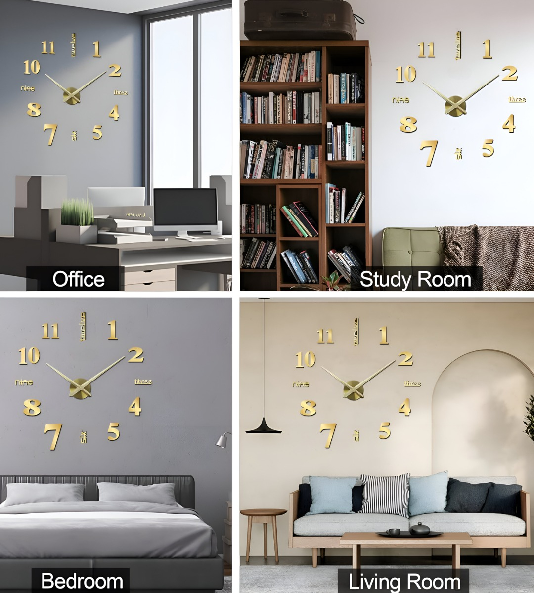 RELOJ PARED 3D GRANDE DECORACIÓN DORADO SIN MARCO JHN - 5