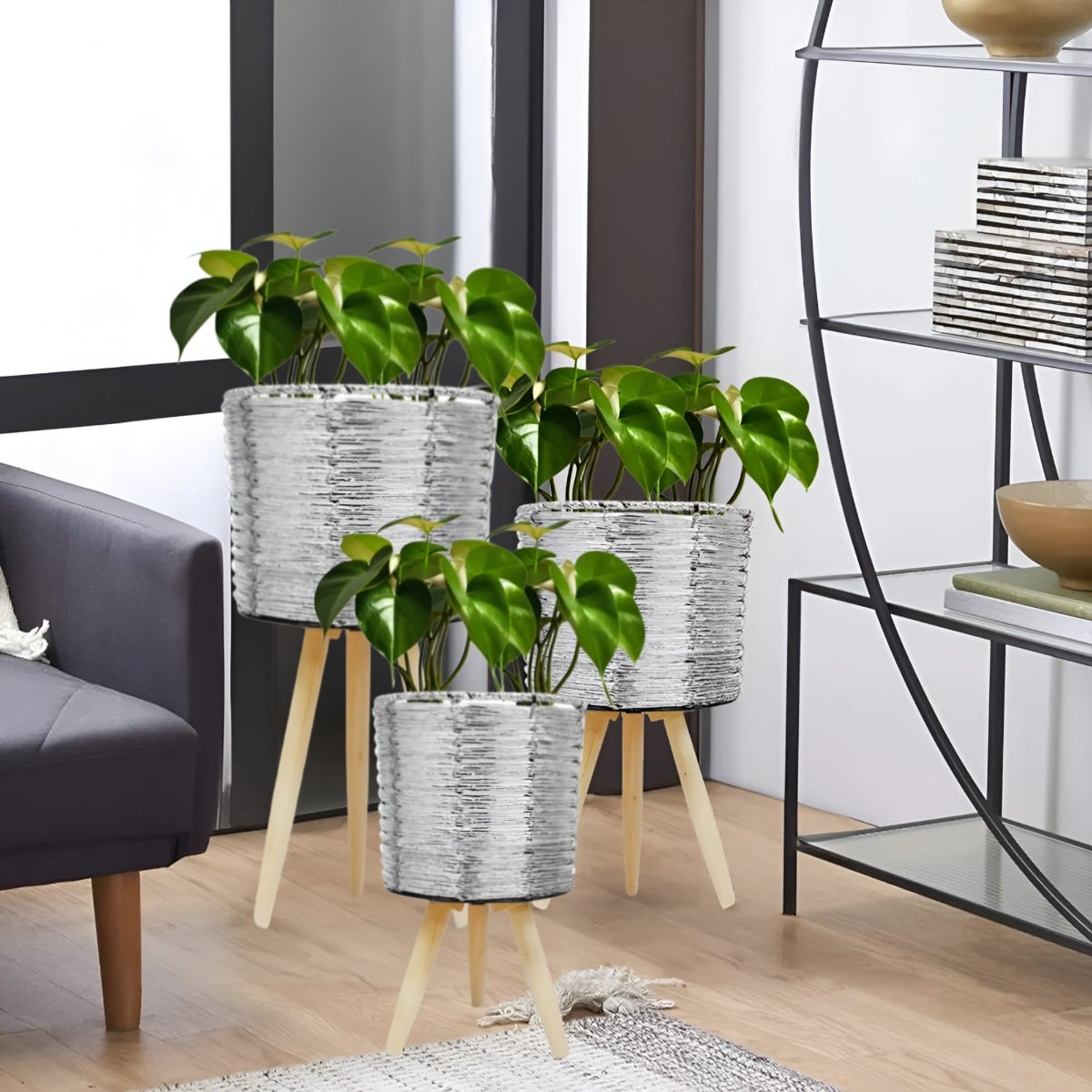 SET DE 3 MACETEROS MIMBRE SINTÉTICO PLATA JARDÍN PLANTAS JHN - 3