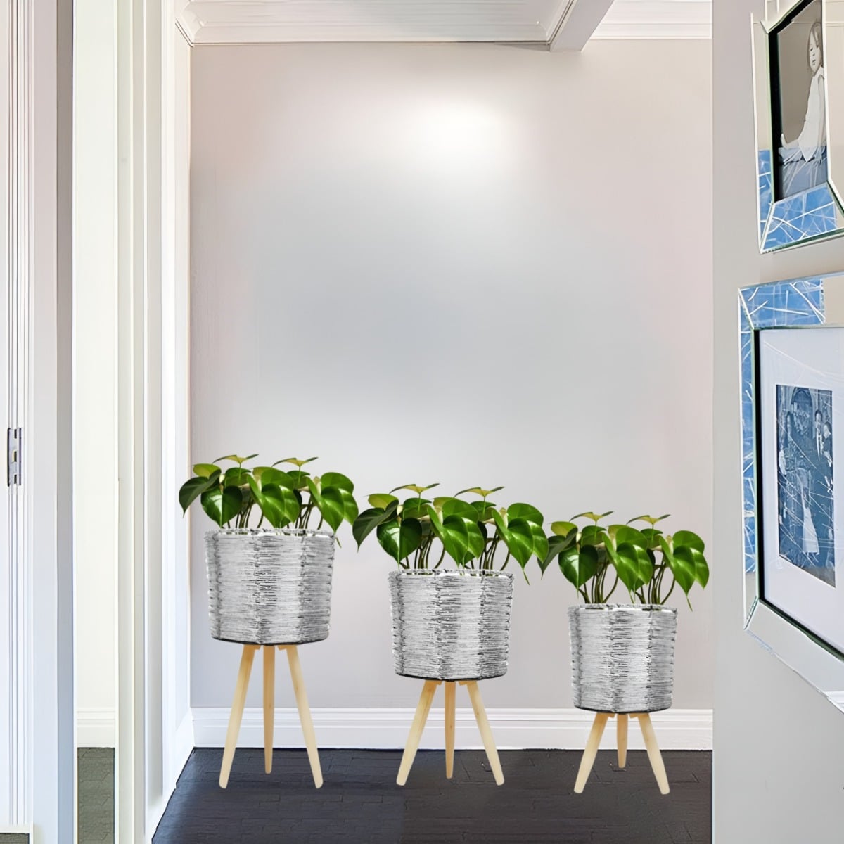 SET DE 3 MACETEROS MIMBRE SINTÉTICO PLATA JARDÍN PLANTAS JHN - 4