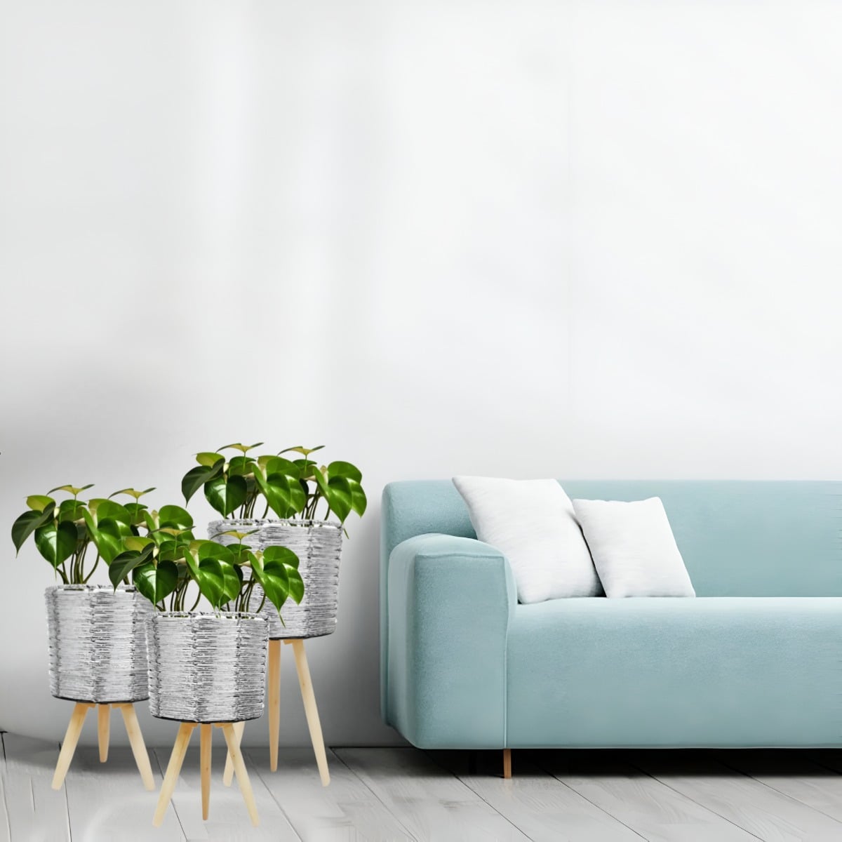 SET DE 3 MACETEROS MIMBRE SINTÉTICO PLATA JARDÍN PLANTAS JHN - 5