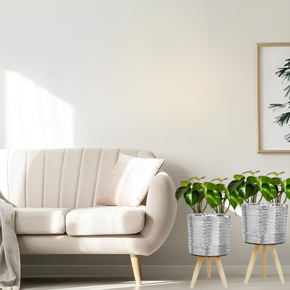 SET DE 3 MACETEROS MIMBRE SINTÉTICO PLATA JARDÍN PLANTAS JHN - 7
