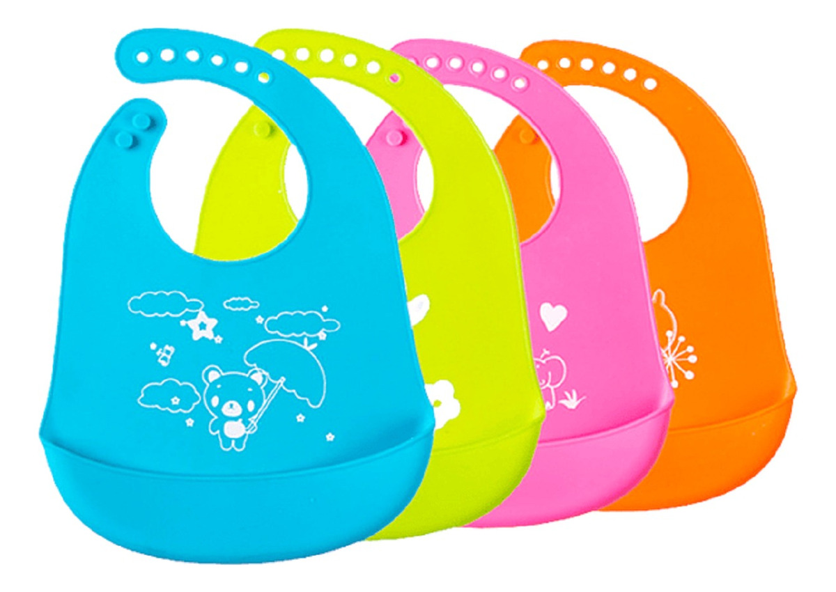 SET 4 BABEROS IMPERMEABLES SILICONA ANTIDERRAME BEBES LAU - 1