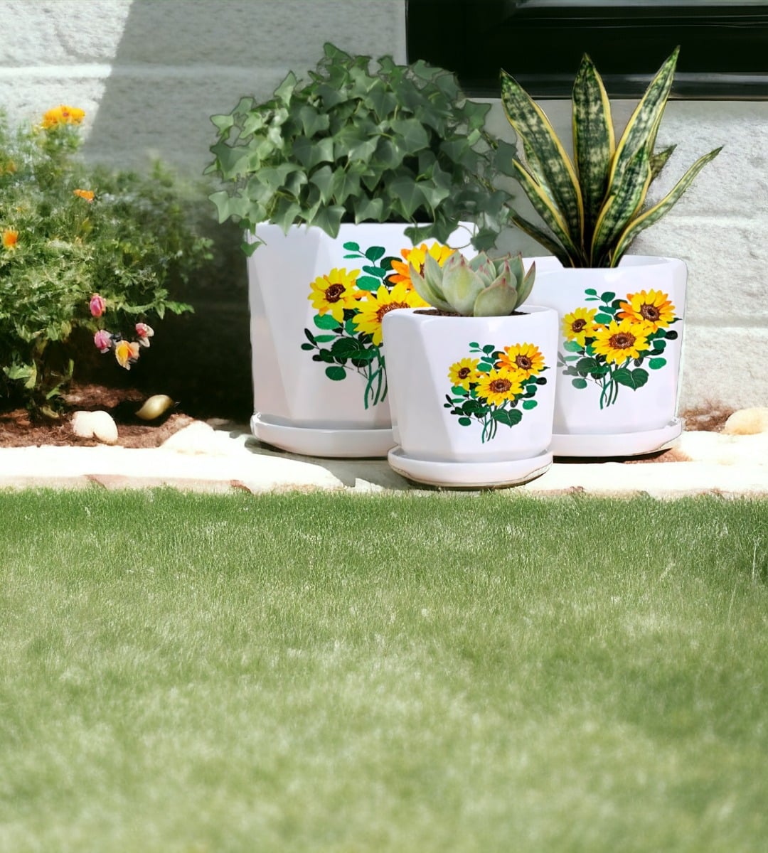 SET 3 MACETAS GIRASOL CERÁMICA PLANTAS JARDÍN DECORACIÓN JHN - 2