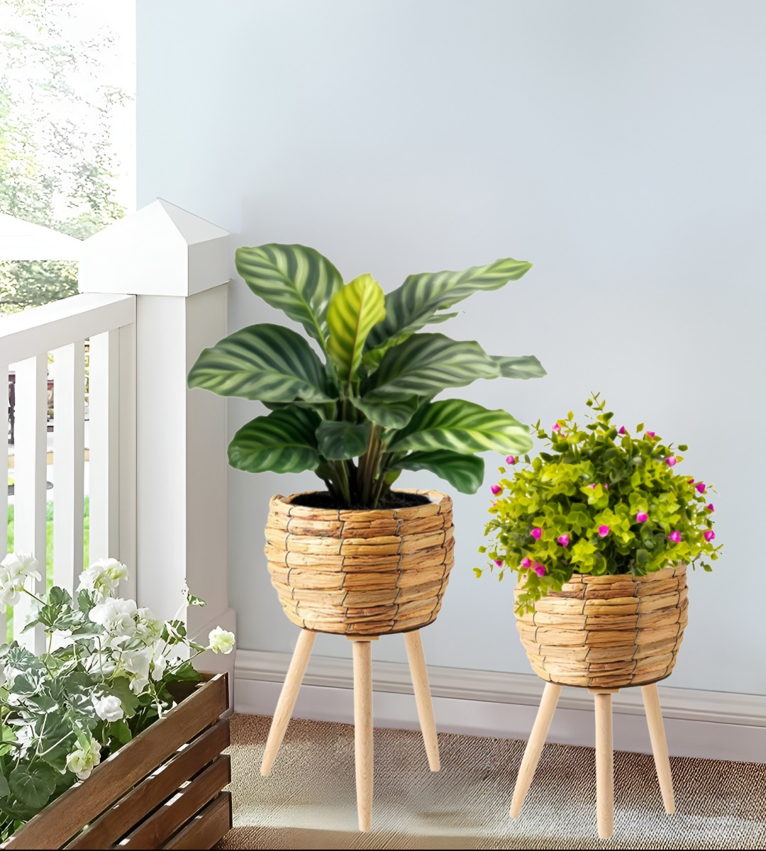 SET MACETAS DECORATIVAS TEJIDO PAJA PLANTAS FLORES JHN - 10