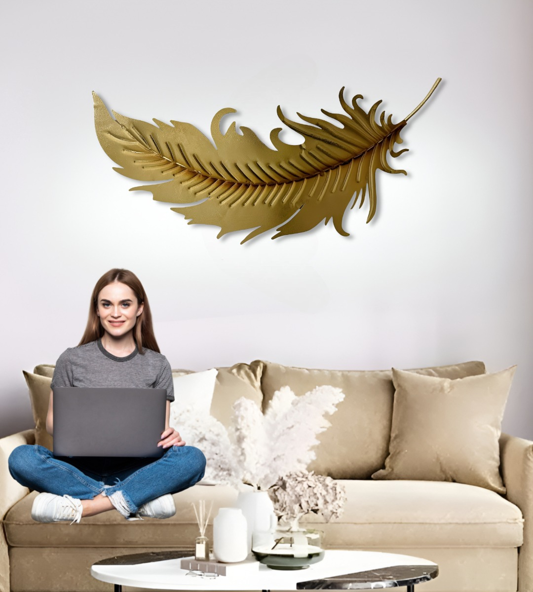 DECORACIÓN CREATIVA PARED PLUMA DORADA ESCULTURA HOGAR JHN - 3