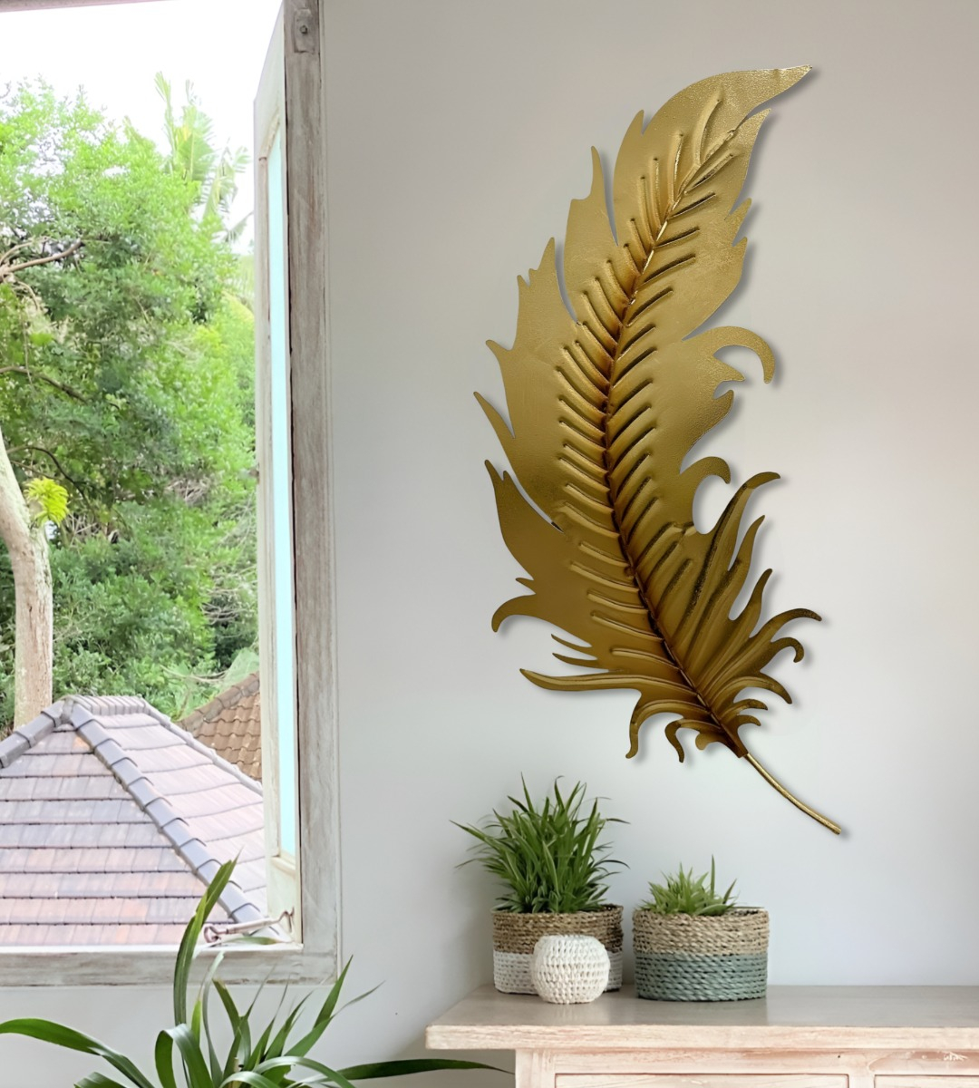 DECORACIÓN CREATIVA PARED PLUMA DORADA ESCULTURA HOGAR JHN - 4