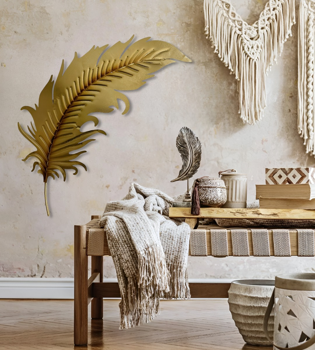 DECORACIÓN CREATIVA PARED PLUMA DORADA ESCULTURA HOGAR JHN - 5