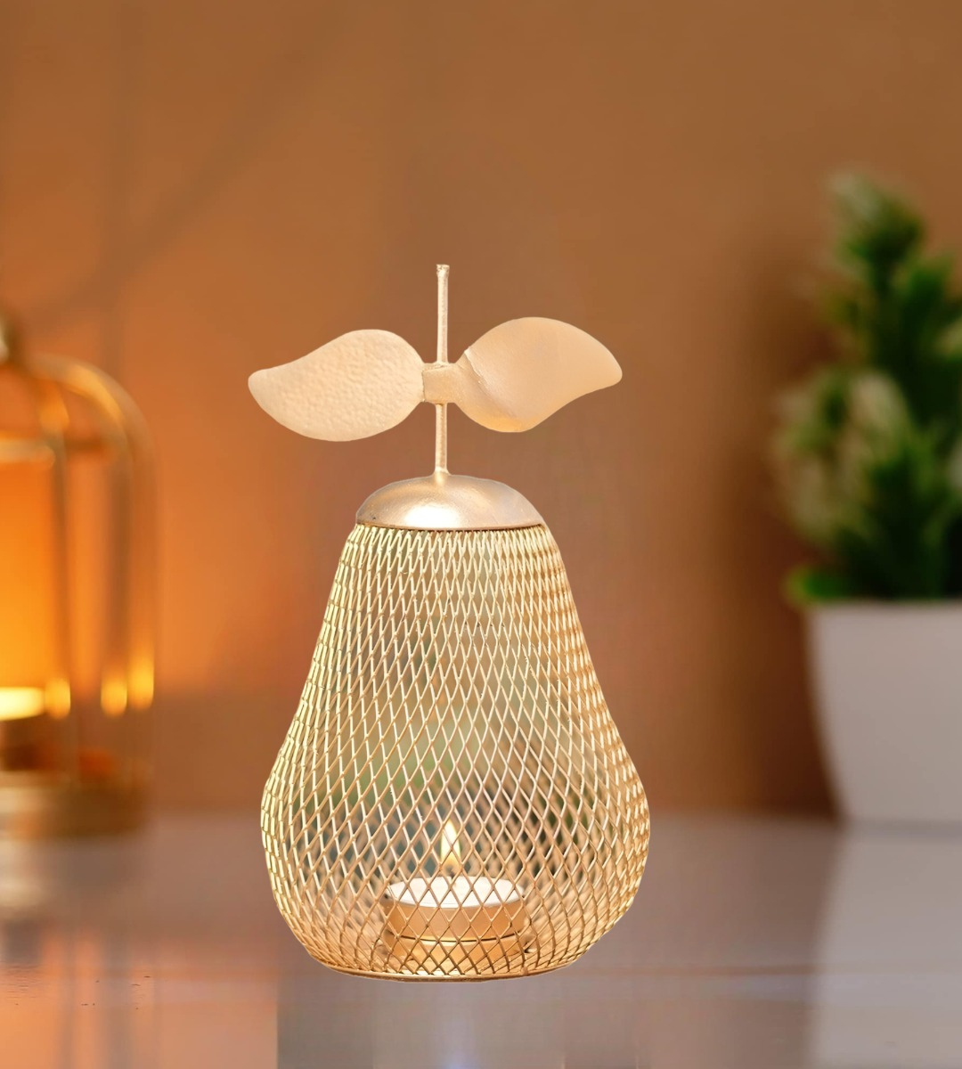 CANDELABRO PORTAVELAS PERA DORADA DECORATIVO FAROL 21CM JHN - 2