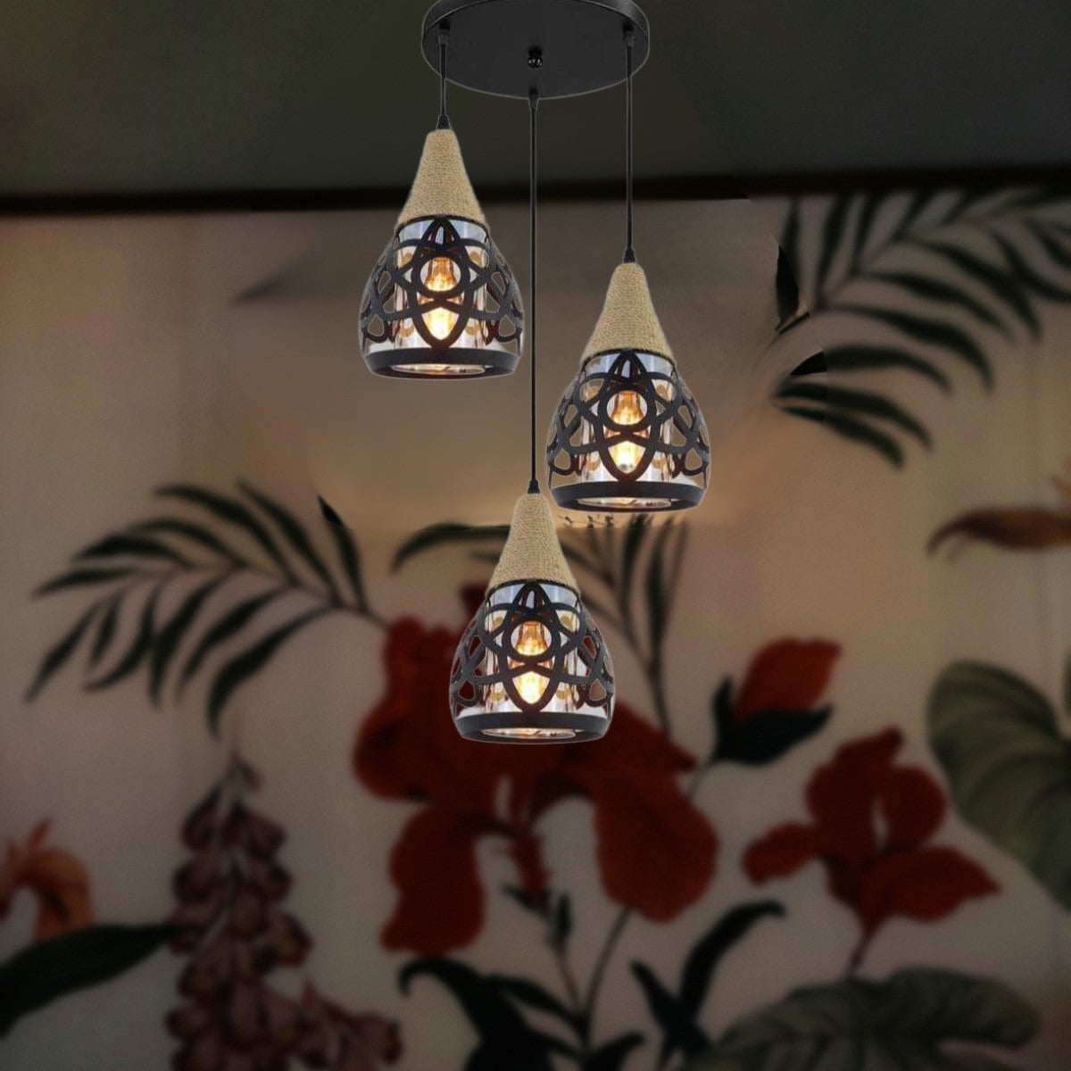 LAMPARA COLGANTE MODERNA 3 LUCES CUERDA CAÑO HOGAR LAU - 2