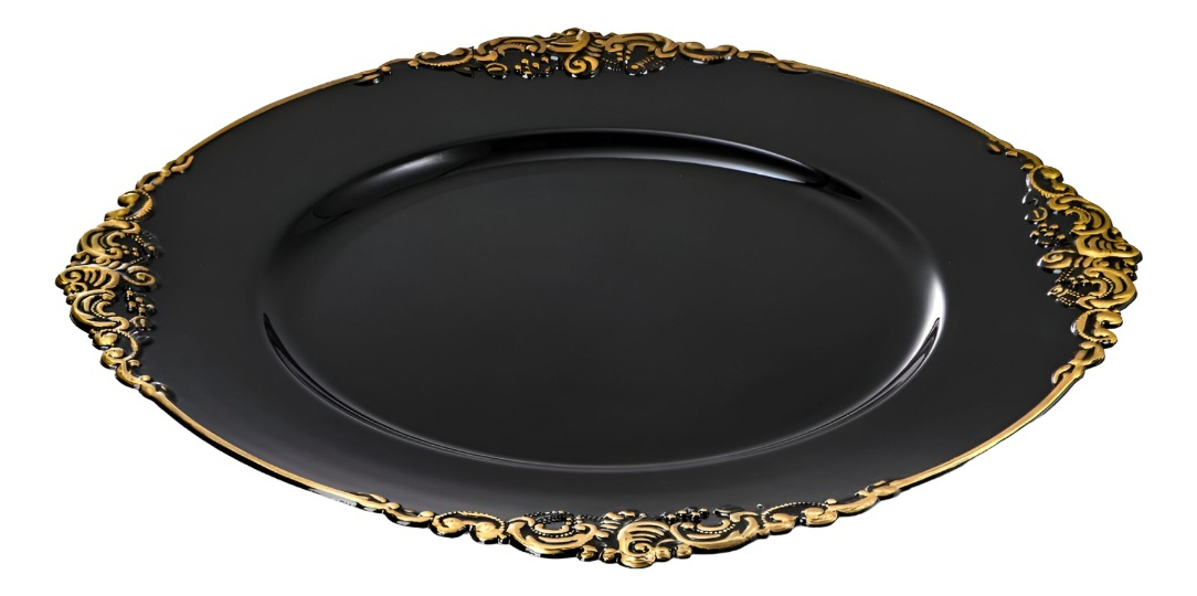 SET 3 BAJO PLATO BASE NEGRO Y BORDE DORADO DECORATIVO JHN - 1