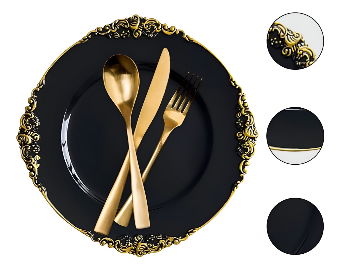 SET 3 BAJO PLATO BASE NEGRO Y BORDE DORADO DECORATIVO JHN - 3