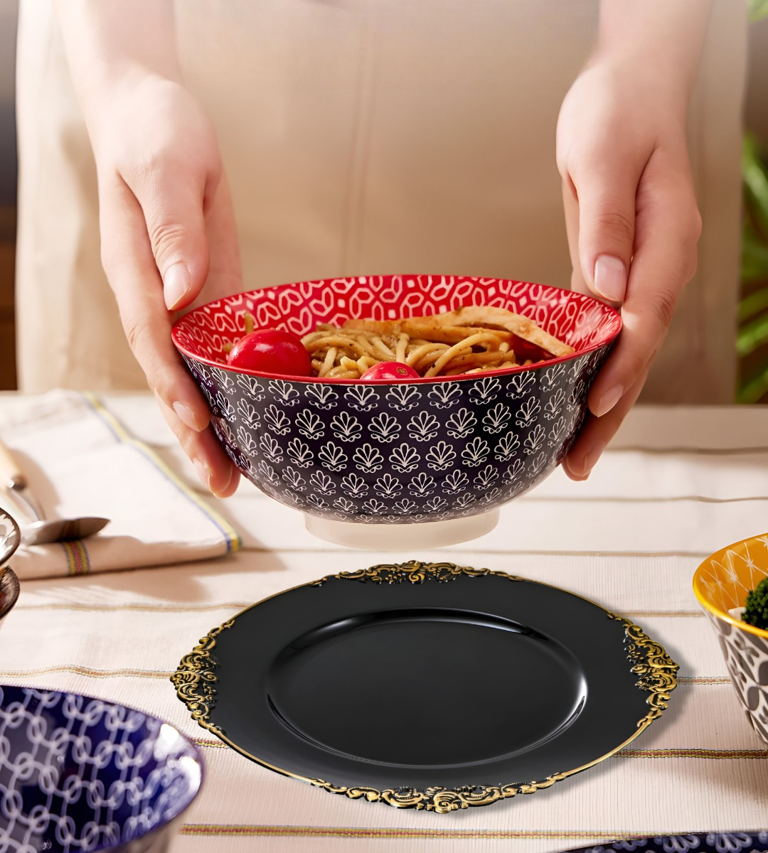 SET 3 BAJO PLATO BASE NEGRO Y BORDE DORADO DECORATIVO JHN - 4