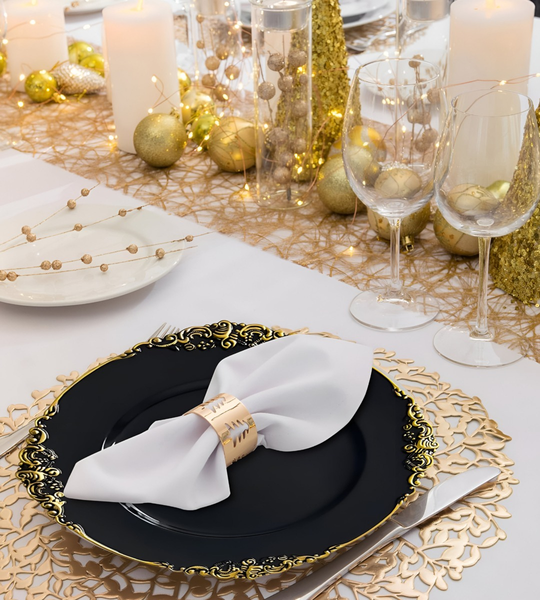 SET 3 BAJO PLATO BASE NEGRO Y BORDE DORADO DECORATIVO JHN - 7