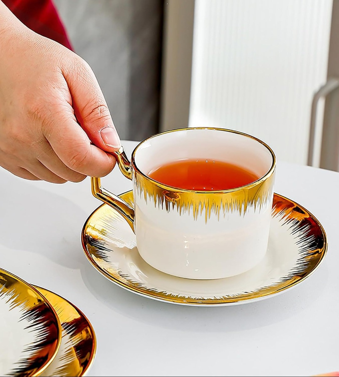 JUEGO TAZA EN COLOR CAFE PLATILLO APILABLE BORDE DECORATIVO JHN - 4
