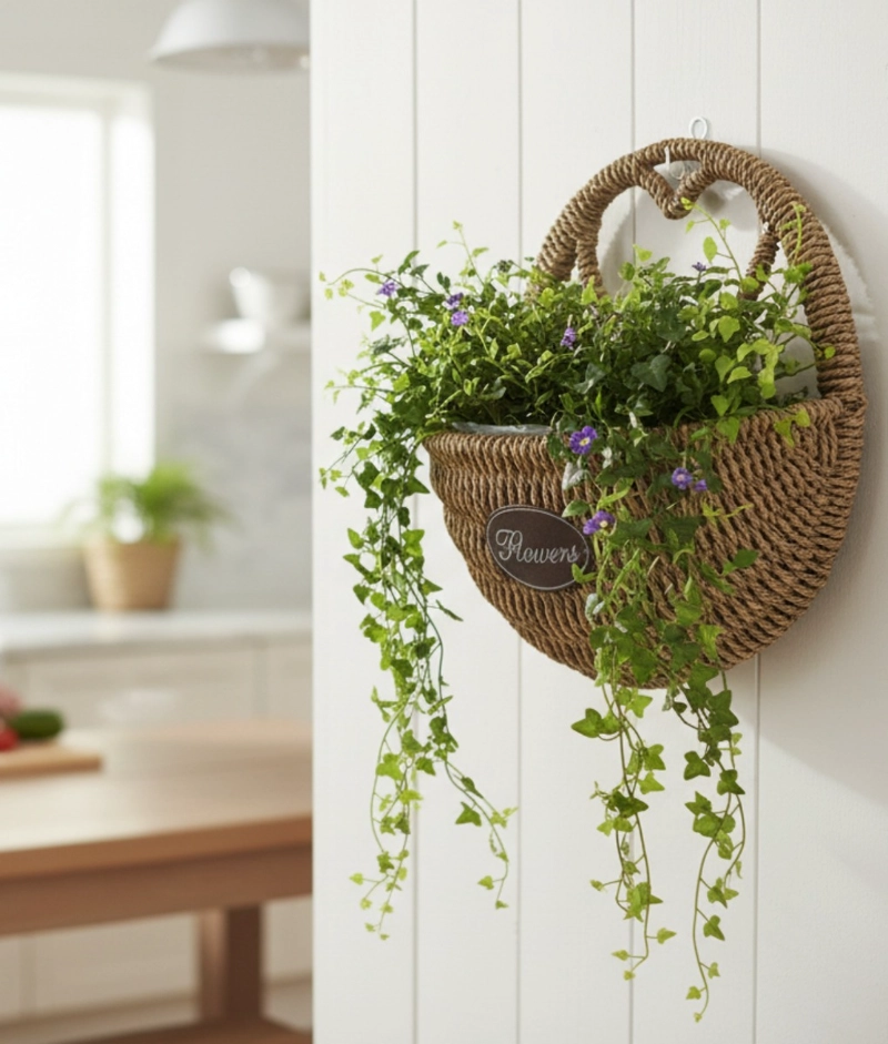 FLORERO DECORATIVO CESTA TEJIDA COLGANTE RUSTICO PARED JHN - 2
