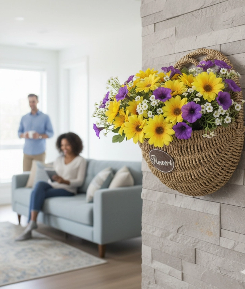 FLORERO DECORATIVO CESTA TEJIDA COLGANTE RUSTICO PARED JHN - 4