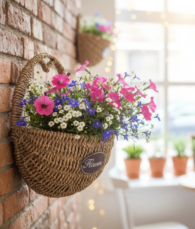 FLORERO DECORATIVO CESTA TEJIDA COLGANTE RUSTICO PARED JHN - 9