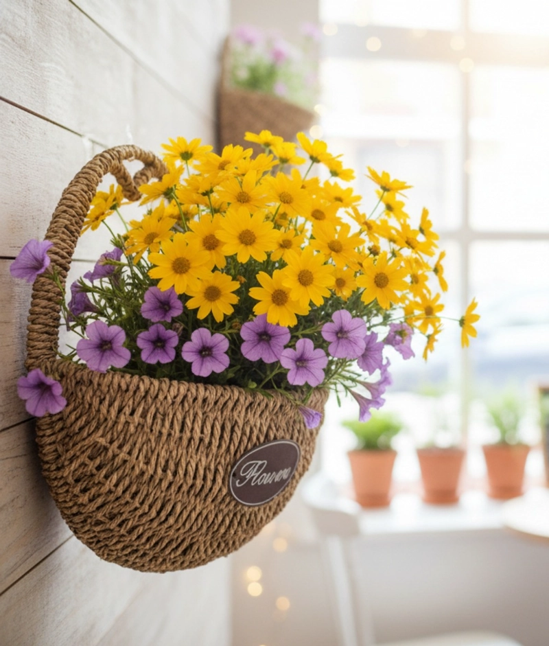 FLORERO DECORATIVO CESTA TEJIDA COLGANTE RUSTICO PARED JHN - 10