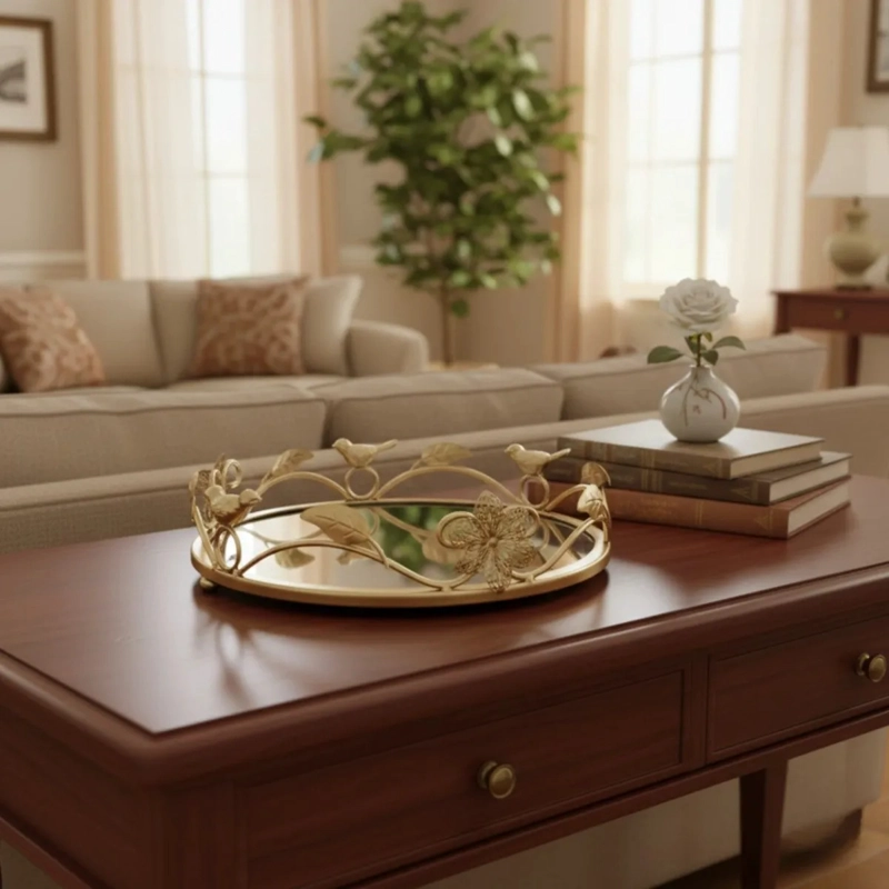 BANDEJA DECORATIVA REFLEJANTE ESPEJADA ESTILO BOTANICO JHN - 2