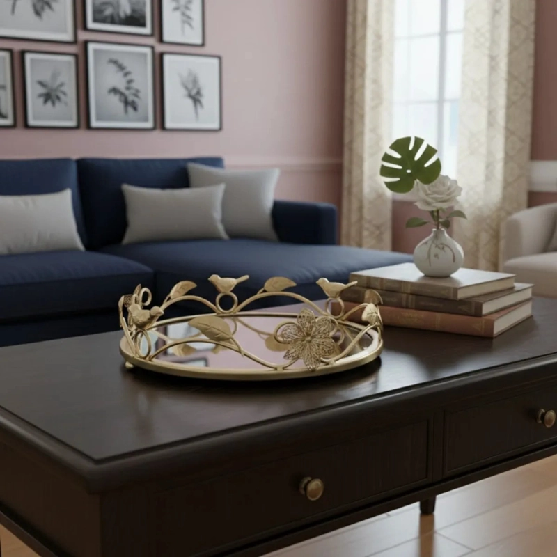 BANDEJA DECORATIVA REFLEJANTE ESPEJADA ESTILO BOTANICO JHN - 9