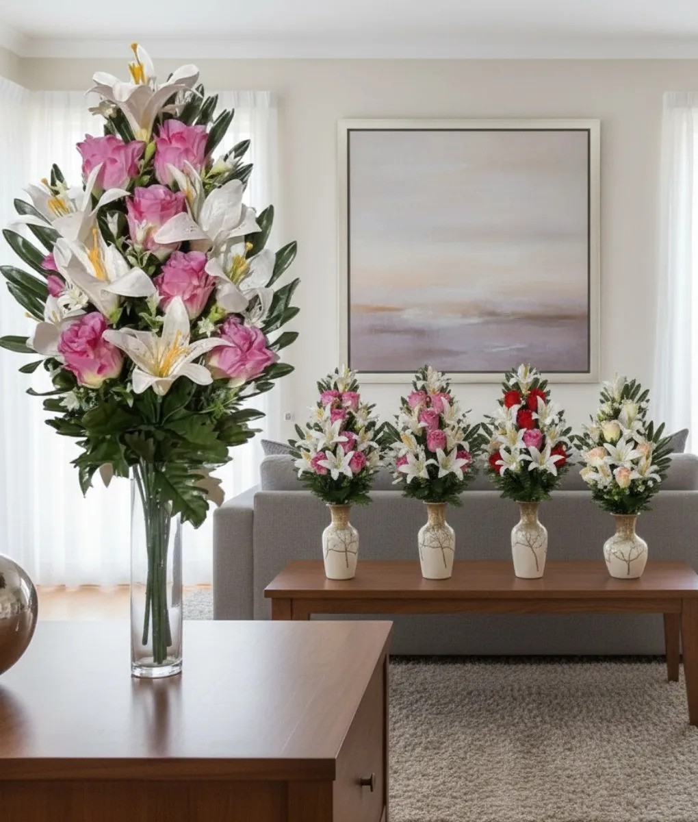 RAMO FLORAL DECORATIVO ARTIFICIAL LIRIOS ROSAS ADORNO JHN - 10