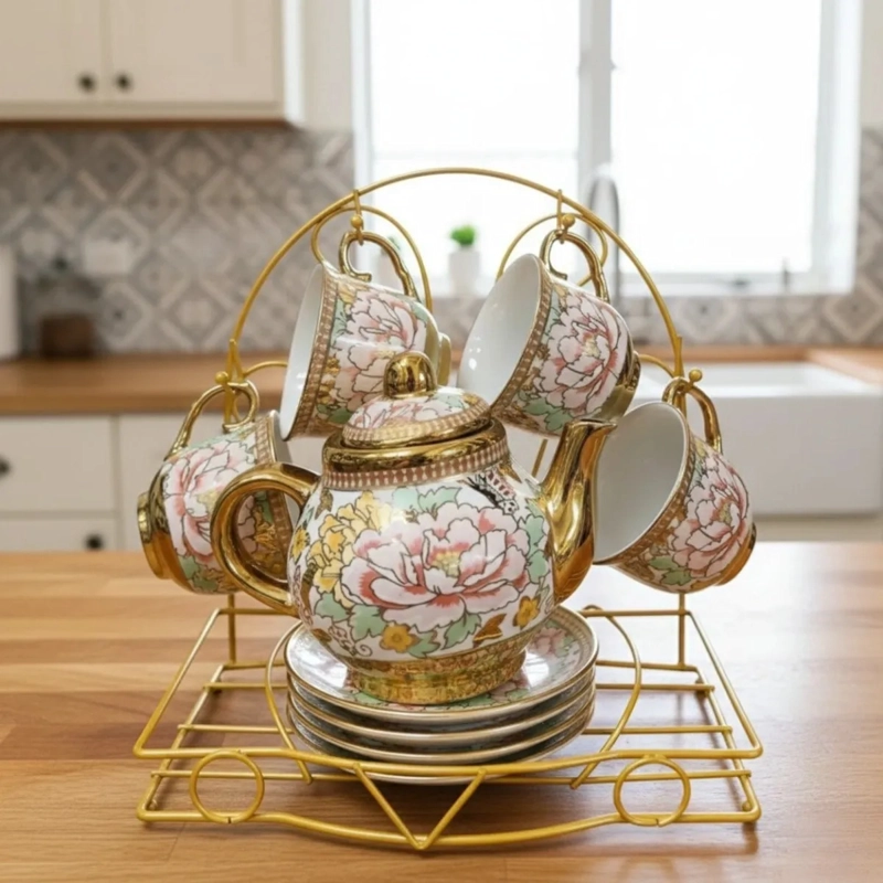JUEGO TE  DISEÑO FLORAL TETERA SOPORTE ORGANIZADOR HOGAR JHN - 2
