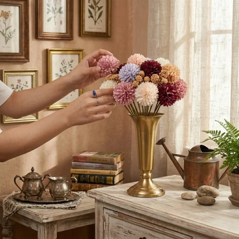 SET 3 RAMOS FLORES ARTIFICIALES POMPON DECORACION ALJ - 6