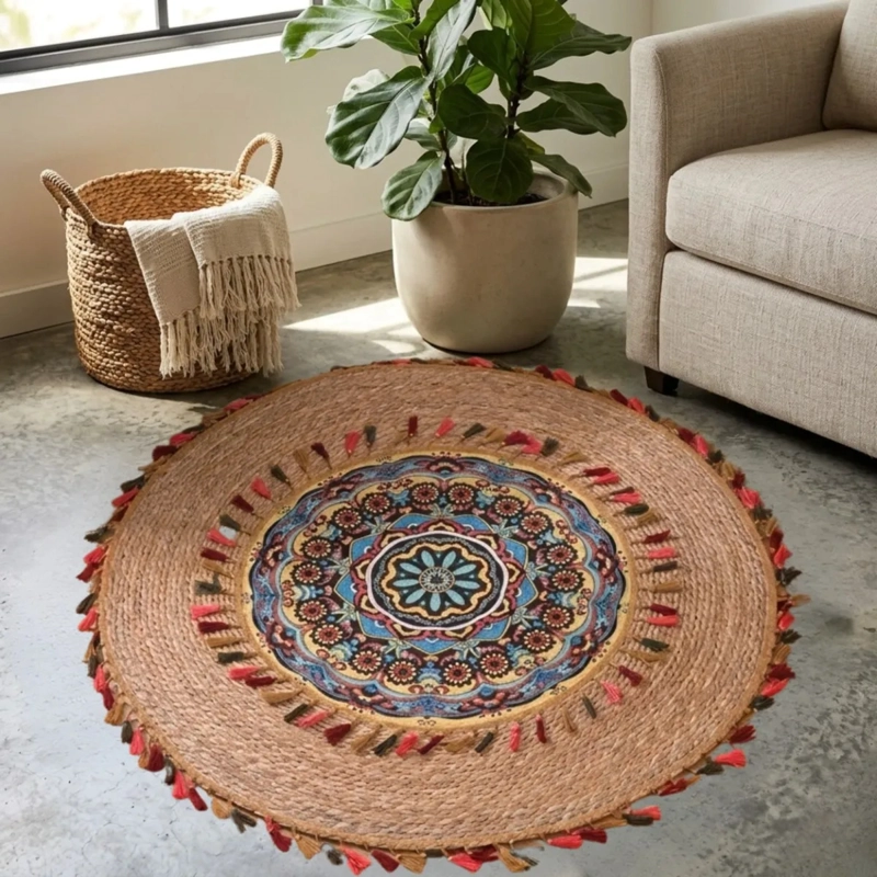 ALFOMBRA REDONDA DISEÑO MANDALA ETNICO BOHO CHIC BORLAS ALJ - 5