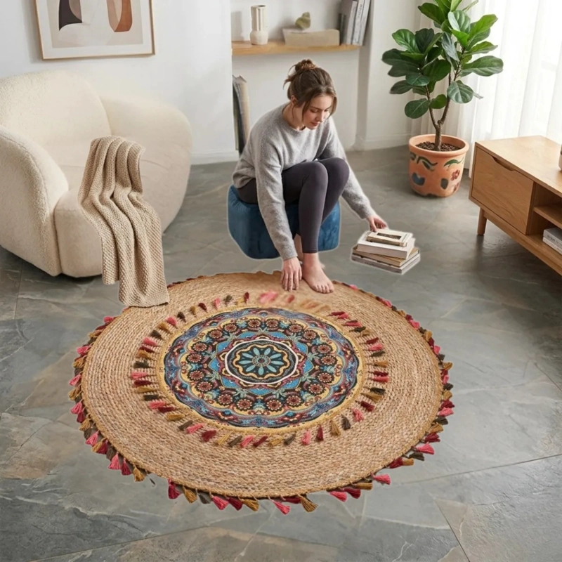 ALFOMBRA REDONDA DISEÑO MANDALA ETNICO BOHO CHIC BORLAS ALJ - 6