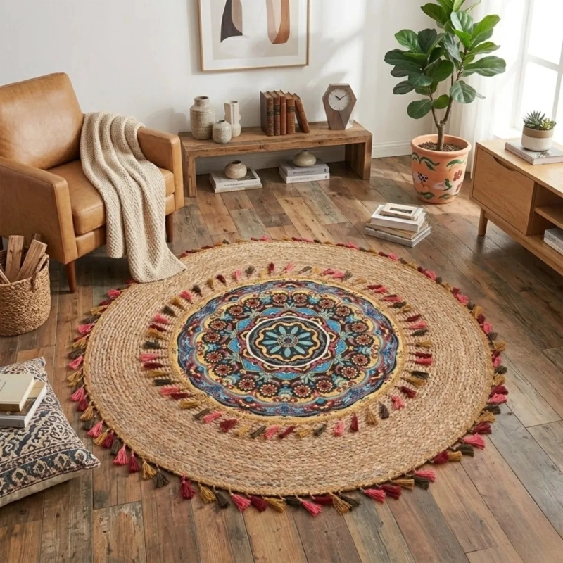 ALFOMBRA REDONDA DISEÑO MANDALA ETNICO BOHO CHIC BORLAS ALJ - 7