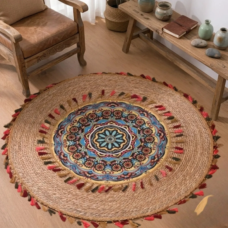ALFOMBRA REDONDA DISEÑO MANDALA ETNICO BOHO CHIC BORLAS ALJ - 8