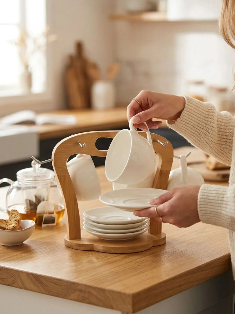 JUEGO 6 TAZAS TE CAFE PORCELANA PLATILLOS SOPORTE BAMBU MV - 3