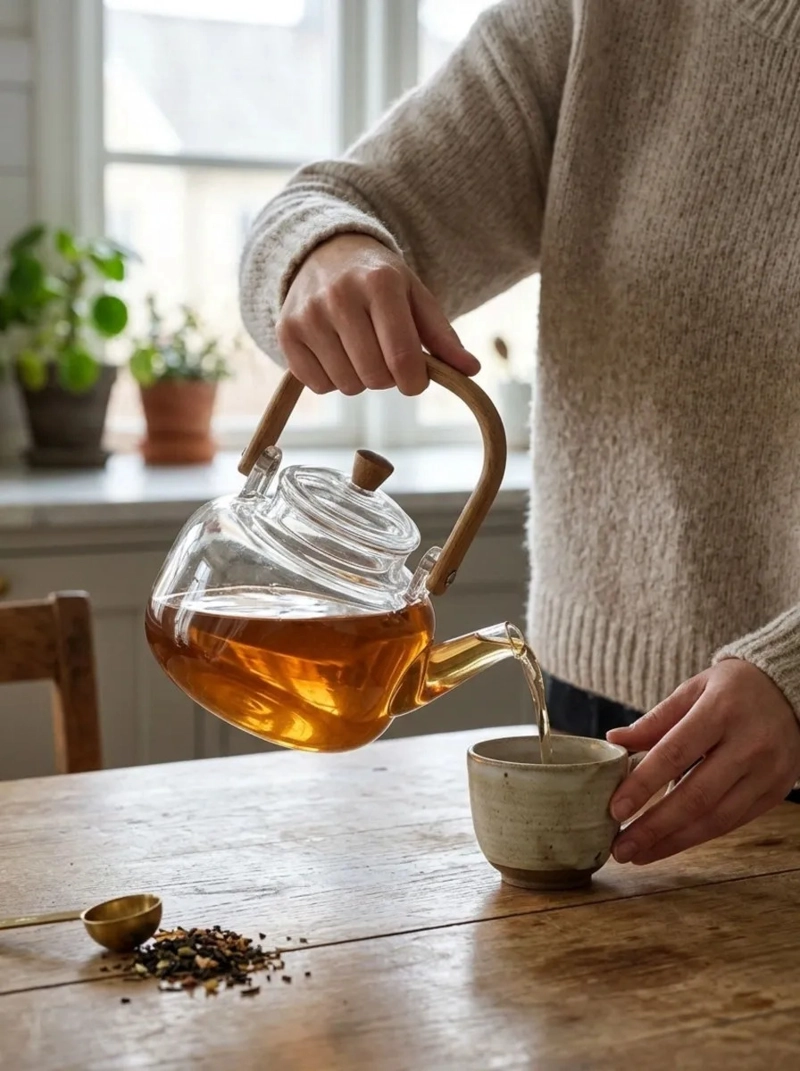 TETERA VIDRIO BOROSILICATO CON ASA MADERA INFUSOR TE MV - 8