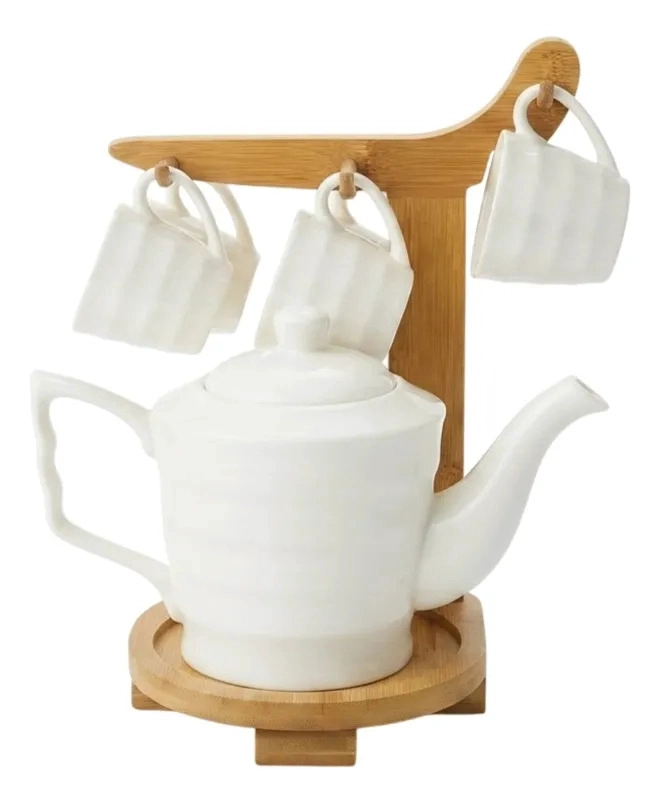 JUEGO TE CERAMICA BLANCA TETERA TAZAS SOPORTE BAMBU MV - 2