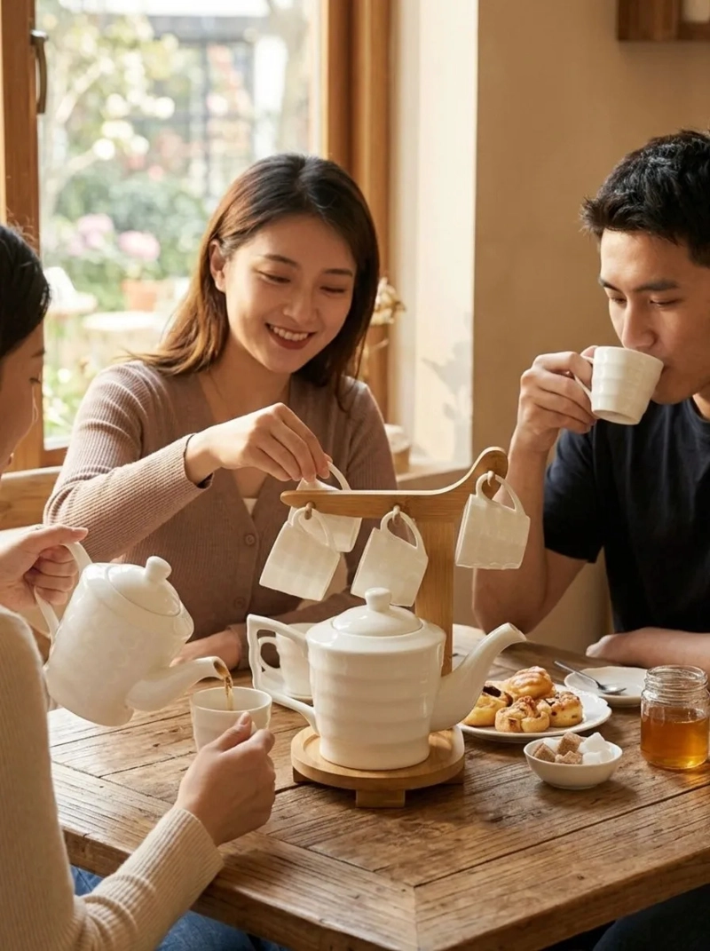 JUEGO TE CERAMICA BLANCA TETERA TAZAS SOPORTE BAMBU MV - 3