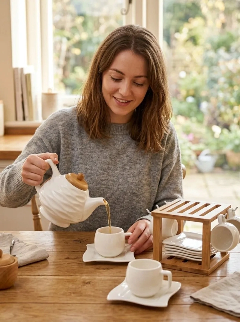 SET TE CERAMICA TEXTURIZADA TETERA 6 TAZAS SOPORTE BAMBU MV - 4