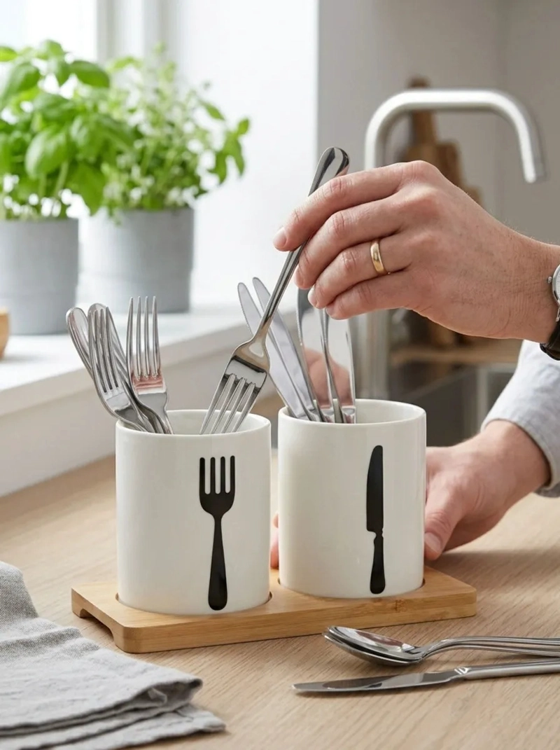 ORGANIZADOR CUBIERTOS MADERA VASOS CERAMICA ELEGANTE MV - 2