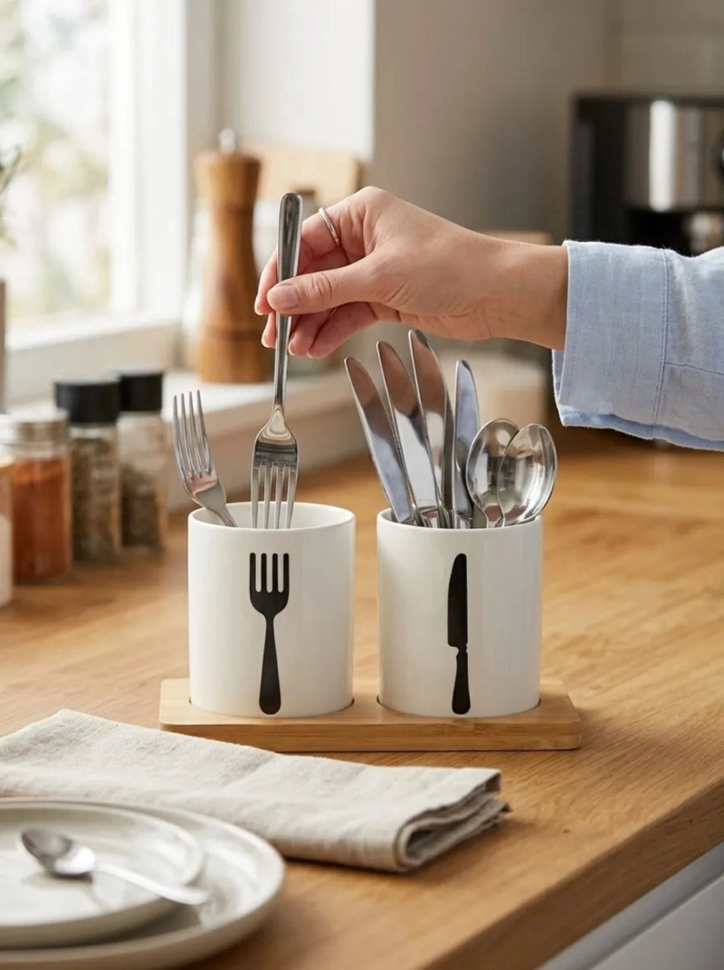 ORGANIZADOR CUBIERTOS MADERA VASOS CERAMICA ELEGANTE MV - 3