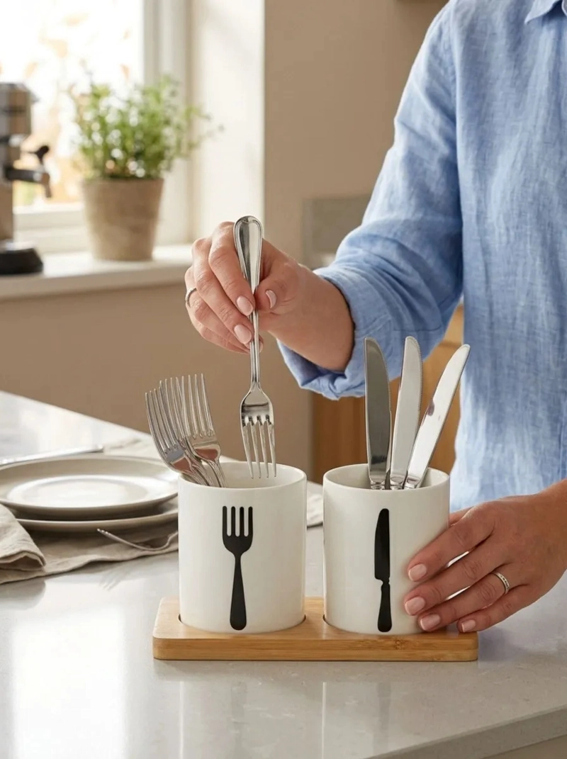 ORGANIZADOR CUBIERTOS MADERA VASOS CERAMICA ELEGANTE MV - 4