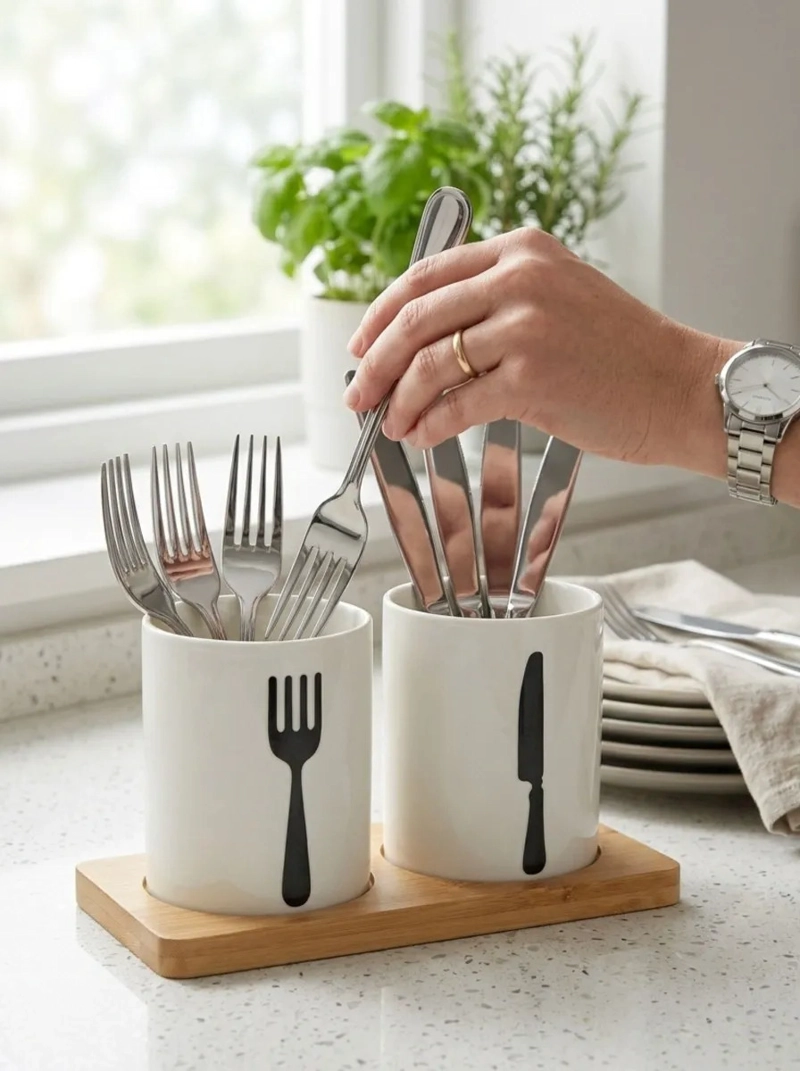 ORGANIZADOR CUBIERTOS MADERA VASOS CERAMICA ELEGANTE MV - 5