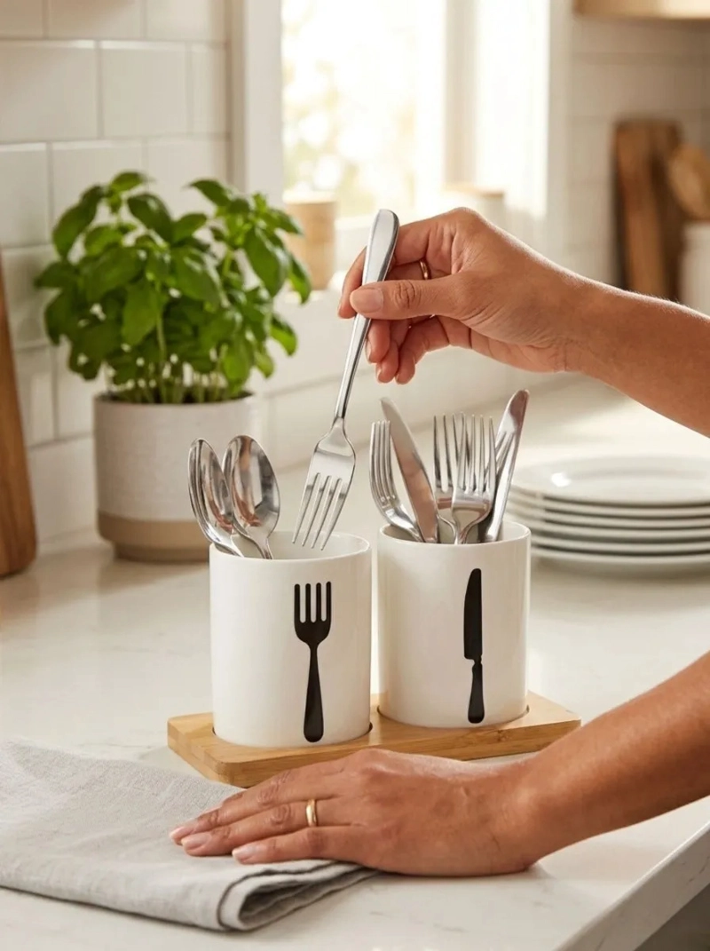 ORGANIZADOR CUBIERTOS MADERA VASOS CERAMICA ELEGANTE MV - 6