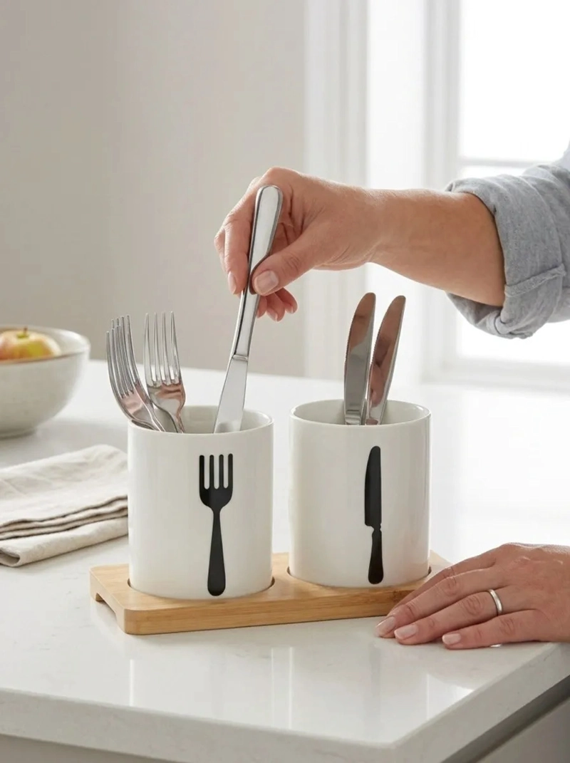 ORGANIZADOR CUBIERTOS MADERA VASOS CERAMICA ELEGANTE MV - 7