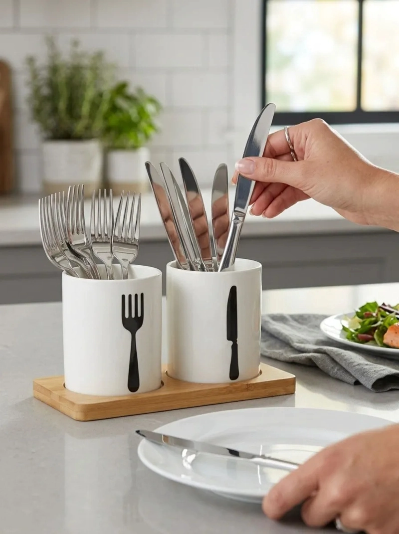 ORGANIZADOR CUBIERTOS MADERA VASOS CERAMICA ELEGANTE MV - 8