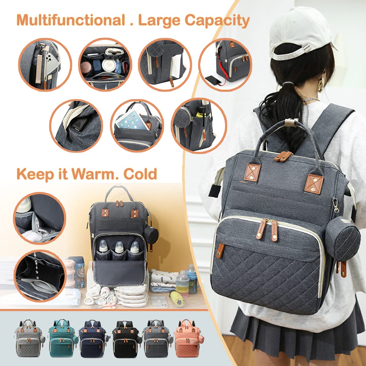 MOCHILA INSIGHT PAÑALES IMPERMEABLE GRAN CAPACIDAD OXFORD RONDON MULTICOLOR - 8