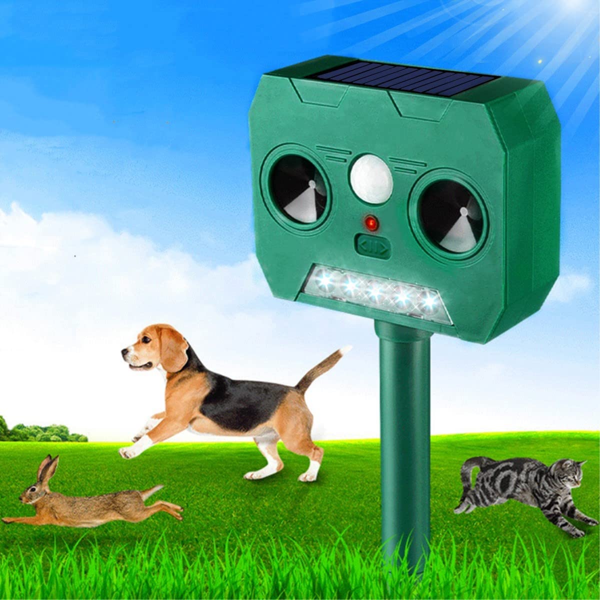 thumbnail interactive-video image 1 of Solar Powered Ultrasonic Animal Repeller For Cats, Raccoons, Deer, Squirrels - Outdoor Garden Protection 1 of 5