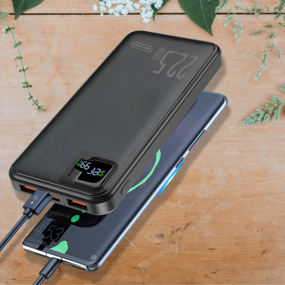 CARGADOR INALÁMBRICO CARGA RÁPIDA PORTÁTIL PANTALLA LED 2EN1 - 5