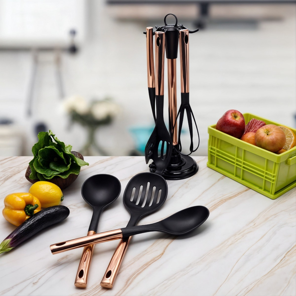 SET 7 PIEZAS UTENSILIOS COCINA ACERO INOXIDABLE ORO ROSA - 3