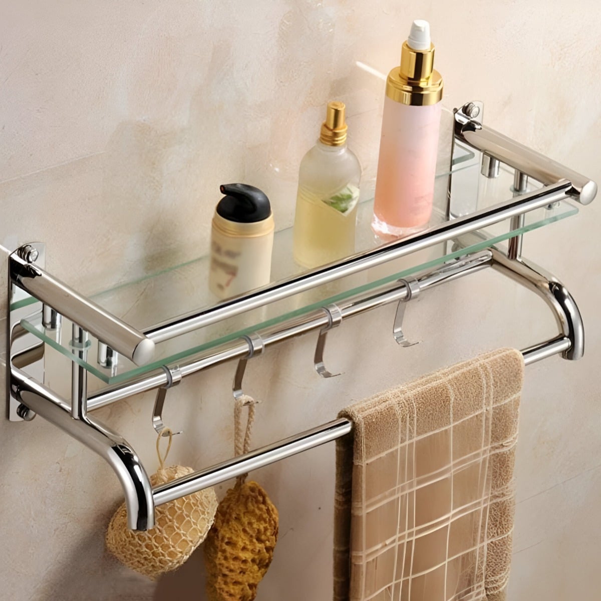 ESTANTE ORGANIZADOR BAÑO VIDRIO TOALLERO ACERO INOXIDABLE - 3